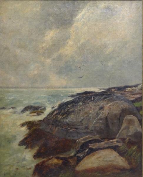 GAY, Edward. Oil on Canvas Seascape.: Signed lower right. Edward B. Gay, Irish-American, 1837 - 1928. From a Mt. Vernon, NY home. Dimensions: 24" high x 20" wide. Condition: Craquelure, surface grime and yellowed varnish.
