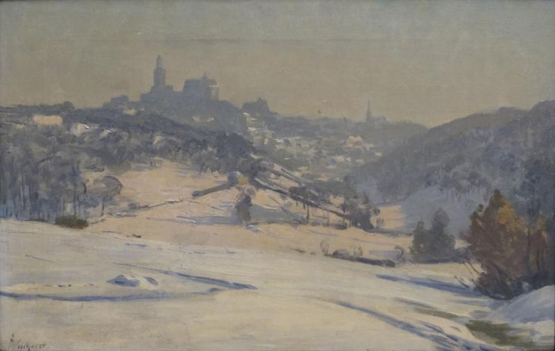 WUCHERER, Frtiz. Oil on Canvas. Winter Landscape: with Distant Village. Signed lower left, inscribed verso. Fritz Wucherer, Swiss, 1873 - 1948. From a Manhattan, NYC home. Dimensions: 14" high x 22" wide. Condition: Surface grime, stretcher marks, cr