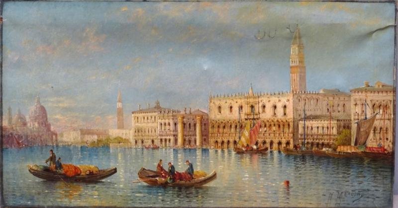 MEADOWS, William. Oil on Canvas "Ducale Palace &: Square of St. Mark's." Signed lower right, inscribed with title on stretcher verso. William Meadows, British / American, fl.1870-1895. From a Westchester, NY estate. Dimensions: 12" high x 24" wide. C