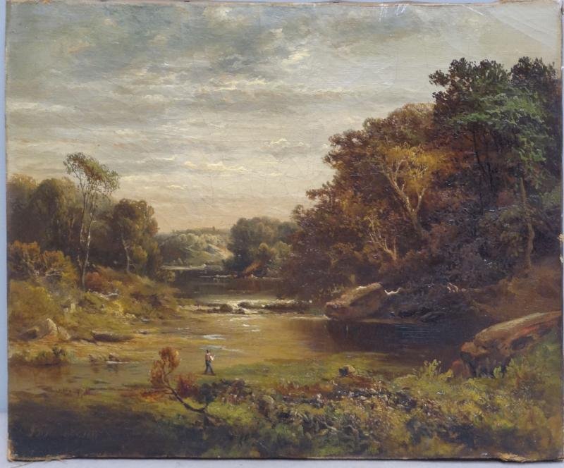FLAHERTY, J. T. 1877 Oil on Canvas. Fisherman in: Landscape. Signed and dated lower left and verso. James Thorpe Flaherty, American, active in Pennsylvania, 1836 - 1904. From a Harrison, NY home. Dimensions: 13.75" high x 17.75" wide. Condition: Unfr