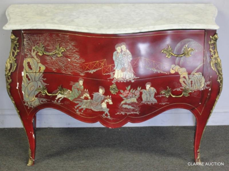 1970's Bronze Mounted Chinoiserie Style Marble: Top Commode. Made in Spain. From a Westchester, NY estate. Dimensions: 46" w x 19" d x 32.5" h. Condition: Several areas of lacquer loss.