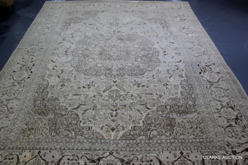 Oversize Antique Center Medallion Oushak Carpet.: From a Greenwich, CT home. Dimensions: 21" x 16' 4.5." Condition: Overall wear and faded.