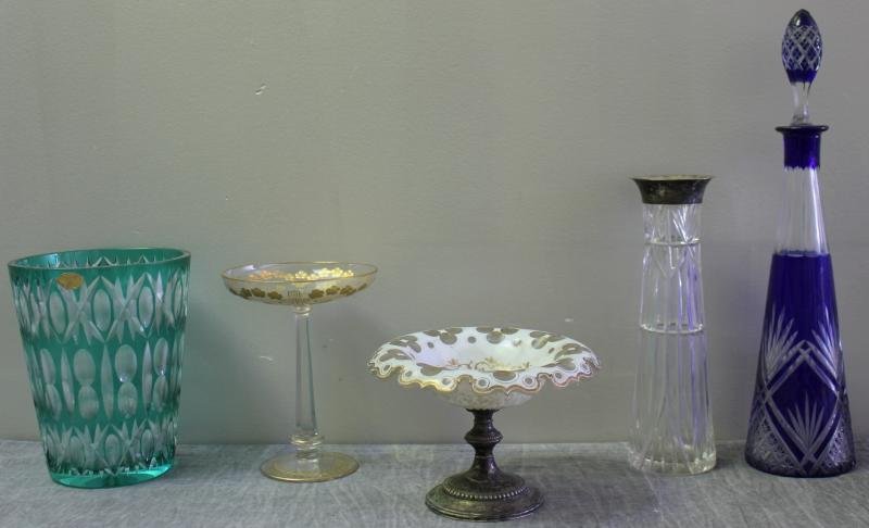 Miscellaneous Antique Glass Lot.: Includes a cut glass bud vase with an .800 silver collar, a 19th century gilded cut to clear opaline tazza, a wheel etched and gilded compote, a Bohemian cobalt decanter, and a labeled Bohemian green