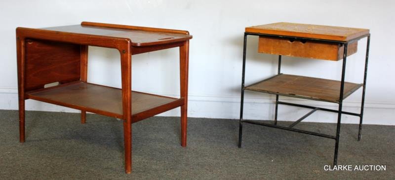 Midcentury Paul McCobb for Planner Group: Nightstand. Nightstand with one drawer above a bamboo slat shelf. Together with a Danish slide top / drop side end table. Danish table with black laminate center panel. From a New Rochelle, NY estate.