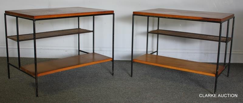 Midcentury Pair of Paul McCobb Two Tier End Tables: For Planner Group. With iron frame and bamboo slat half shelf above lower maple shelf. From a New Rochelle, NY estate. Dimensions: 27.5" w x 19.75" d x 22" h. Condition: Good with minor wear appropria