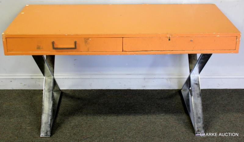 Midcentury Maurice Villency 2 Drawer Desk.: What was once a good looking desk now in needy condition with scratches, losses, damage to corners, missing pulls and a hole on front of right drawer. Will give buyer great satisfaction to see fully r