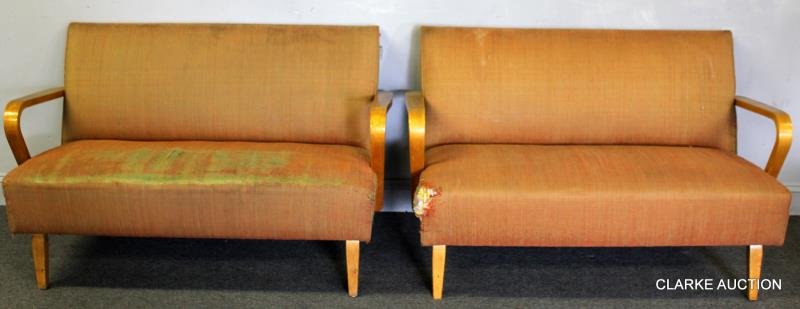 Pair of Midcentury Upholstered Bentwood Thonet (?): Settees. From a Perry St. NYC estate. Dimensions: 49" w x 30" d x 30" h. Condition: May need reupholstering.