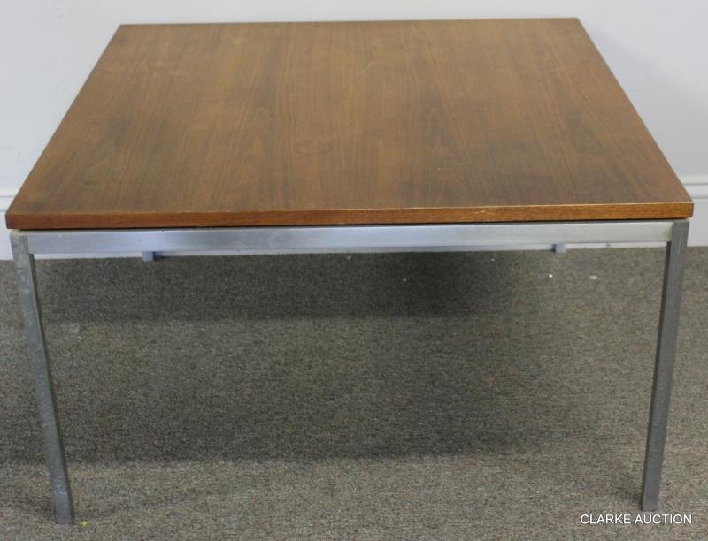 Midcentury Knoll Chrome and Walnut Cocktail Table.: Labeled Knoll International to underside. From a Manhattan, NY estate. Dimensions: 30" w x 30" d x 17" h. Condition: Good, light water rings to top.