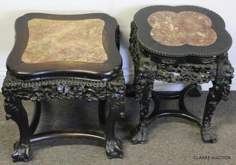 Pair of Asian Carved Marbletop End Tables.: From an Ossining, NY estate. Dimensions: 14.5" square x 18" high.