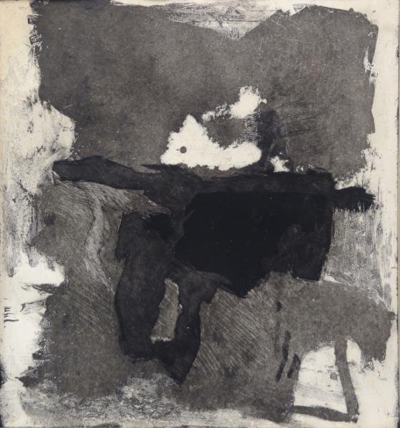 VICENTE, Esteban. Abstract Etching & Aquatint.: Pencil signed lower right, numbered 3/25 lower left. Esteban Vicente, Spanish-American, 1903 - 2001. From a Greenwich, CT estate. Dimensions: Plate - 17.75\" square. Condition: Front mat adhered to sh