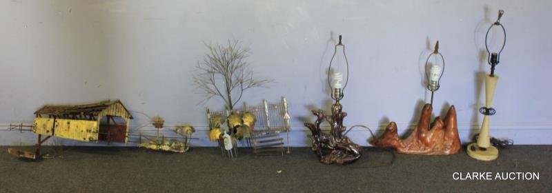 Midcentury C. Jere Sculpture and Lighting Lot.: Includes two C. Jere signed wall sculptures and 3 table lamps. One C. Jere covered bridge signed wall sculpture and one C. Jere signed and dated '72 people with umbrellas wall sculpture together with 