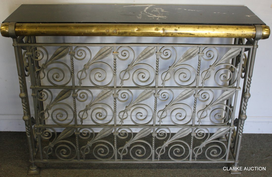 Wrought Iron and Brass Marble Top Console Table.: A beautiful custom made wrought iron and brass console. Re-purposed from turn of the century Chicago wrought iron elements. Sand blasted finish. From a Greenwich, CT estate. Dimensions: 52" w x 17.125