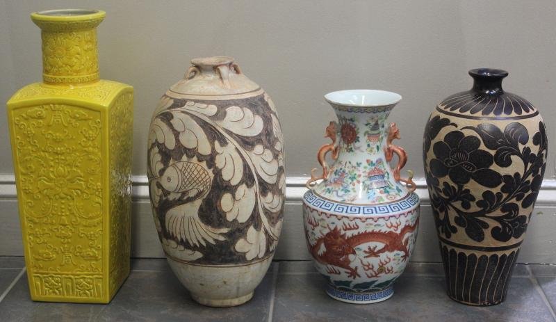 Chinese Porcelain Lot.: Includes a yellow square shoulder vase as a lamp, a double handle enamel decorated vase with dragon motif, and two Cizhou style vases. Enamel vase is probably early 20th century; other pieces are late