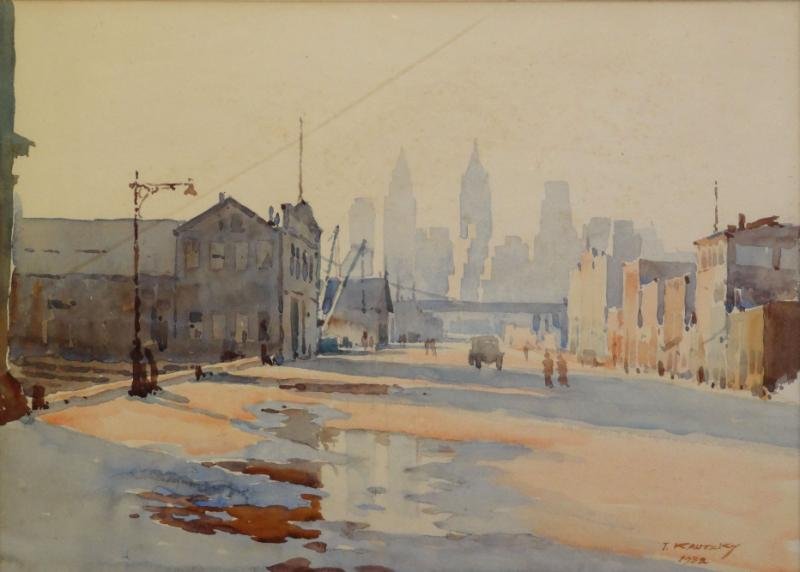 KAUTZSKY, Ted. Watercolor. View of Manhattan From: Brooklyn. Signed and dated 1932 lower right. Ted Kautzky, American - active in New York, 1896 - 1953. From a White Plains, NY home. Dimensions: 13.5" high x 18.5" wide. Condition: Areas of foxing. Thi