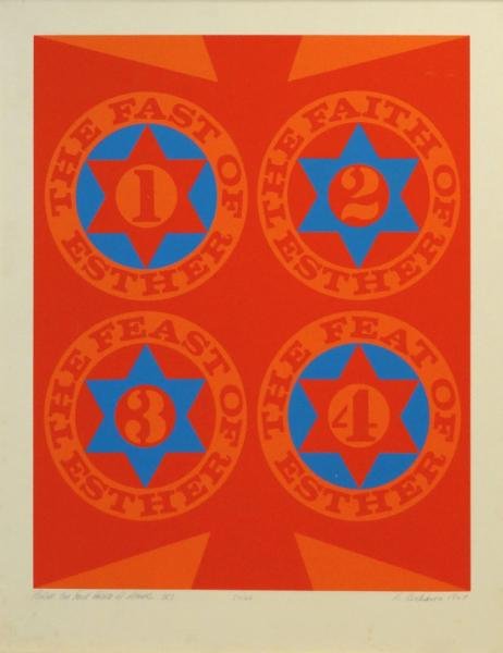INDIANA, Robert. Color Silkscreen "Purim: The Four: Facets of Esther II." Pencil signed and dated 1967 lower right. Titled in pencil lower left and numbered 20/60 center. Printed by Chiron Press, New York with blind stamp lower left. From a New Rochell
