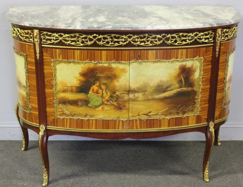 Vintage Bronze Mounted and Painted Bow Front: Commode. A quality 50s or 60s make. Made in Spain to reverse, as copy of earlier French model. From a Long Island, NY estate. Dimensions: 52" w x 21" d x 37" h. Condition: Good, very clean.