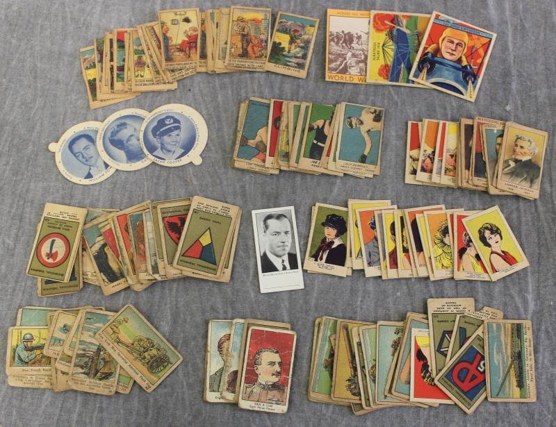 Group of Vintage Tobacco and Gum Cards.: A group of 132 tobacco cards, circa 1920's. Comprised of 27 semi-comic cards, 15 boxing cards, 17 U.S. history cards, 32 silent film stars, 3 large sized WWI gum cards, 38 WWI small sized cards, and 3