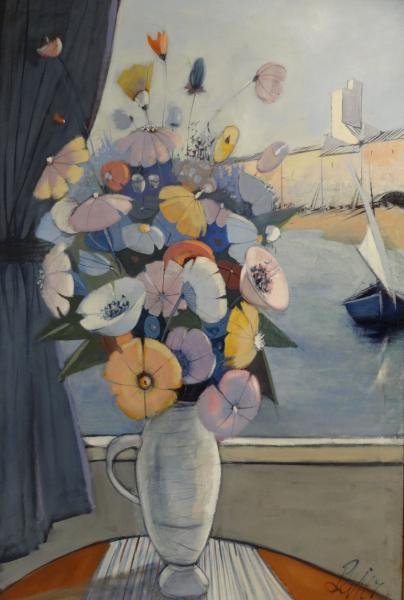 LEVIER, Charles. Oil on Canvas "Fleurs Sur La Mer": Signed lower right and signed and titled verso. Charles Levier, French, 1920-2003. From a Greenwich, CT home. Dimensions: 36" high x 24" wide. Condition: Very good.