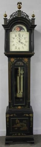 E. Howard & Co Boston Tallcase Clock: The case was repainted a long time ago in an Art Nouveau chinoiserie style. Signed on the face and on a brass plaque inside case. From a Pelham, NY estate. Dimensions: 19" wide x 13" x 93" high. Condi