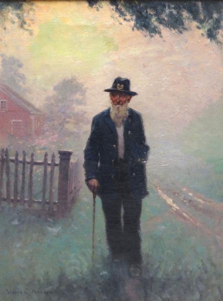 ANDERSON, Victor C. Oil on Canvas "The Last: Veteran." Signed lower left, titled and inscribed 'M.P. Howe Gallery' verso. Victor Coleman Anderson, American, 1882 - 1937. From the Marathon, Florida estate of Ludwig Herzhauser, the residuary heir