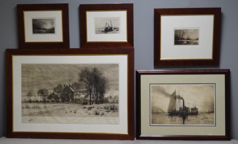 FARRER, Henry. 5 Etchings.: Wooded path - signed and dated 1877 lower left in the plate only, plate - 4.75" high x 7" wide. "Old New York Bay" - signed lower left in the plate, plate - 4.5" high x 7.5" wide. Lake with distant fi