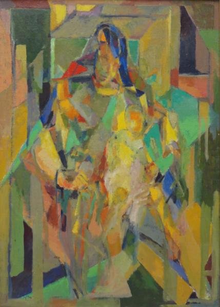 VITALIS, Macario C. Cubist Oil on Canvas of Mother: & Child. Signed and dated (?) lower left and signed and dated 51 (?) verso. From a Mt. Kisco, New York home. Macario Cruz Vitalis, Filipino, 1898 - 1990. Dimensions: 24" high x 18" wide. Condition: Go