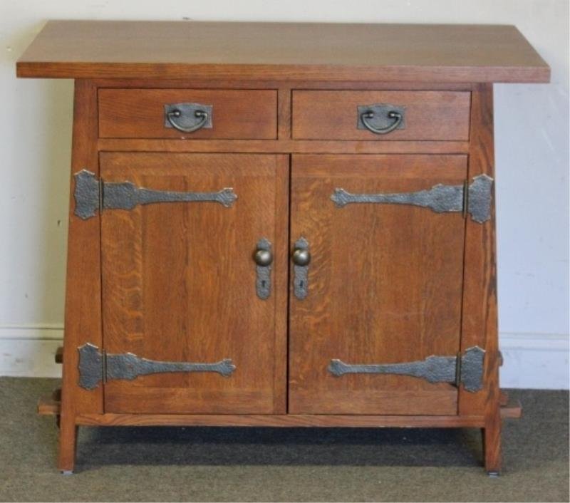 Stickley Audi 2 Drawer over 2 Door Oak Server.: Mission style with iron trim. Signed. From a New Rochelle, NY home Dimensions: 40" wide x 19.5" x 34.5" high. Condition: Good.
