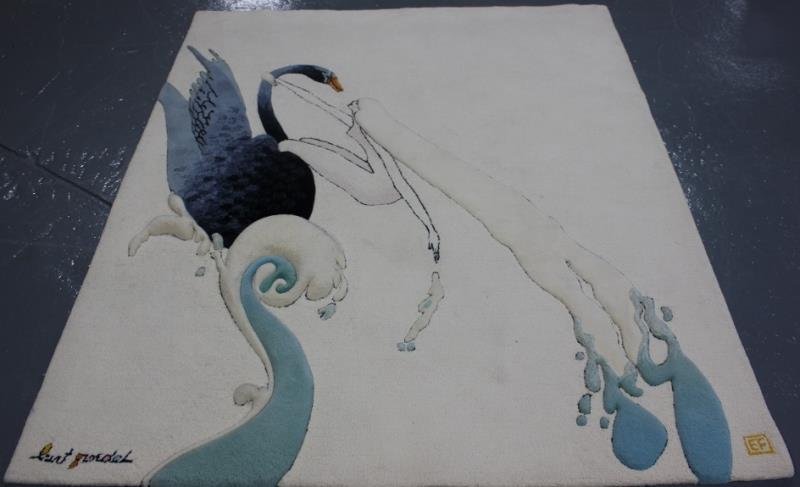 Edward Fields Wool Wall Rug.: After Burt Groedel design entitled "Take Me To Your Leda" with swan and figure raised motif. Accompanied by copy of original 1984 receipt. From a Nyack, NY estate. Dimensions: 5' 6.5" wide x 6' 6." Co