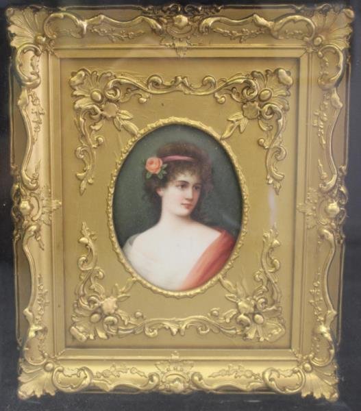 Hutschenreuther Porcelain Plaque of a Beauty.: Artist signed Wagner lower left. Titled on the back, with additional impressed marks. In original gilded shadow box frame. From a Valhalla, NY home. Dimensions: plaque only - 5" high x 4" wide. Condit