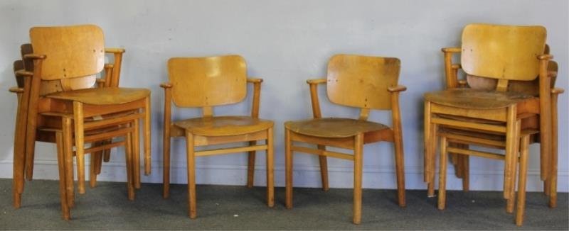 Midcentury Set of 8 Ilmari Tapiovaara Domus Chairs.: Important midcentury chairs designed in 1947 by Ilmari Tapiovaara for Domas Academia, Helinkski. Imported as the Model 140 chair for Knoll in 1951. Stamped with " Insp. Jan 5, '53" and one stamped, "T