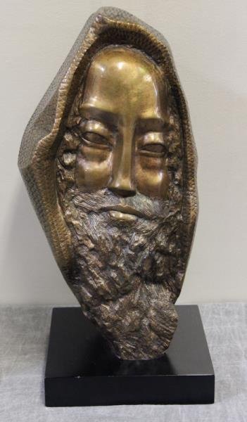 Israeli Bronze Double Sided Bust of a Man.: Signed, "Bernard Simon," edition 2/6. On a wood base. From a Long Island, NY location. Dimensions: 17.5" high plus 1.75" high base.