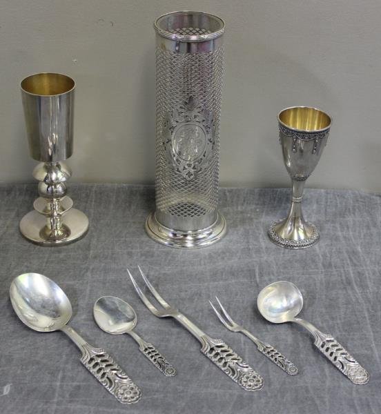 STERLING. Judaica and David Anderson Hollowware: and Flatware. Includes a sterling chalice/kiddush cup; a kiddush cup with filigree design - very worn mark, but believed to be sterling; and a tall sterling pierced vase with central cartouche. Accomp