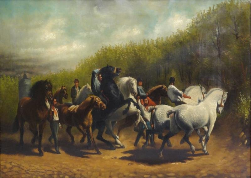 POWIS, Paul. Oil on Canvas "The Horse Fair": After the original painting by Rosa Bonheur. Signed lower right. Paul Powis, American, 19/20th century. From a Connecticut estate. Dimensions: 22" high x 36" wide. Condition: Small old repair lower ce