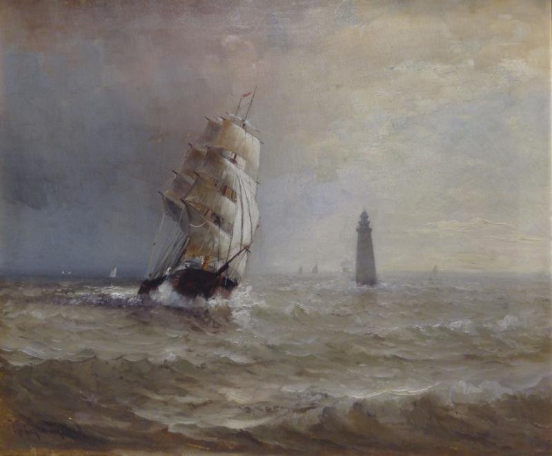 JOHNSON, Marshall. Oil on Canvas. Clipper Ship: Rounding Buoy. Signed lower left. Marshall Johnson, Jr., American - active in Massachusetts, 1850 - 1921. From a Connecticut estate. Dimensions: 18" high x 24" wide. Condition: Old repair upper right