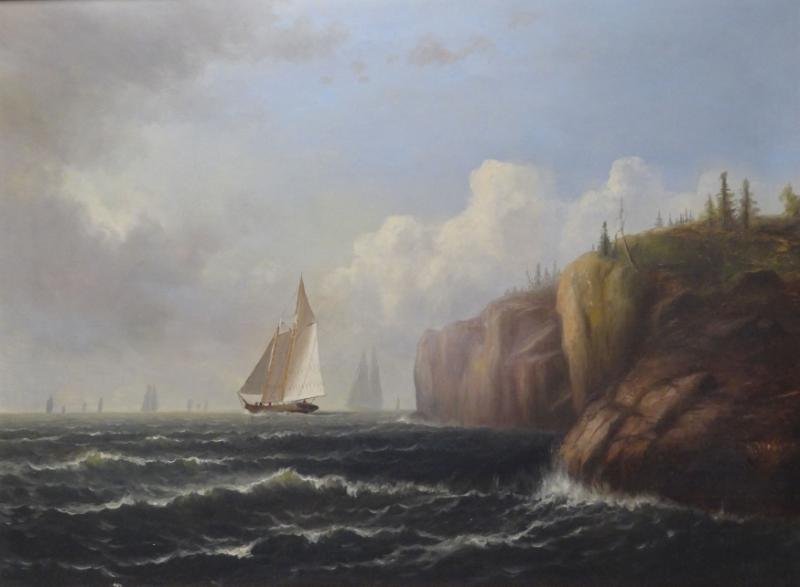 WEBBER, Wesley. Oil on Canvas of Ships at Sea Near: Cliffs. Signed lower right. Wesley Elbridge Webber, American - 1841 - 1914. From a Connecticut estate. Dimensions: 24" high x 36" wide. Condition: Good, surface grime.