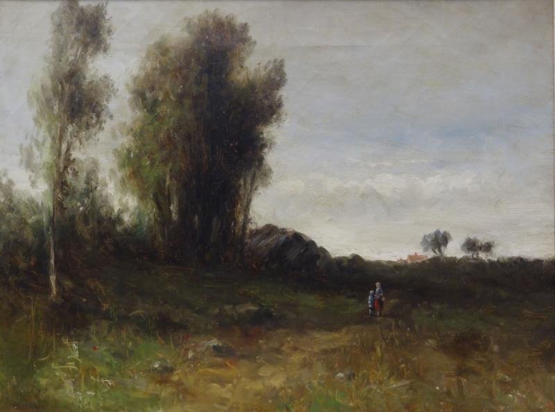 WEBBER, Wesley. Oil on Canvas of Woman and Child: in Landscape. Signed lower left. Wesley Elbridge Webber, American - 1841 - 1914. From a Connecticut estate. Dimensions: 14" high x 20" wide. Condition: Old repair upper right. Craquelure, surface grim