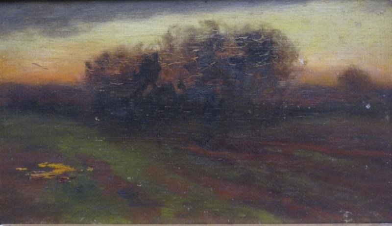 Attributed to George Inness Oil on Board: Landscape at Dusk. Monogrammed (?) lower right. From a Connecticut estate. Dimensions: 7.75" high x 8.25" wide. Condition: Surface grime, otherwise good.
