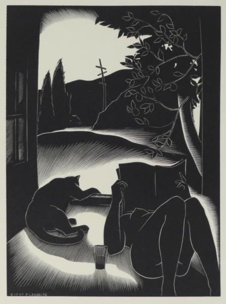 LANDACRE, Paul. Woodblock Print "Sultry Day.": Published by the American Artist Group. Signed and dated 1937 in the plate. Dimensions: image - 8" high x 6" wide, sheet - 18" high x 13' wide. Condition: Unframed. Full margins, light and minor handl