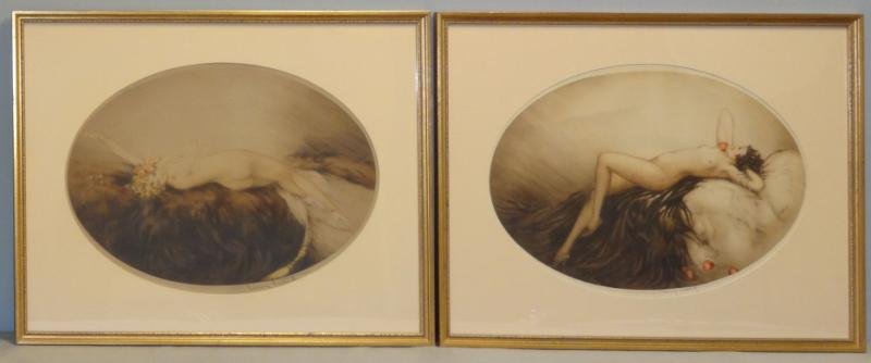 ICART, Louis. Two Etching and Aquatints. "Venus" &: "Eve." "Venus" - pencil signed lower right, windmill blind stamp lower left, copyright 1928 by L Icart Paris, condition: toned and faded, small tear upper left at copyright not affecting image; not ex