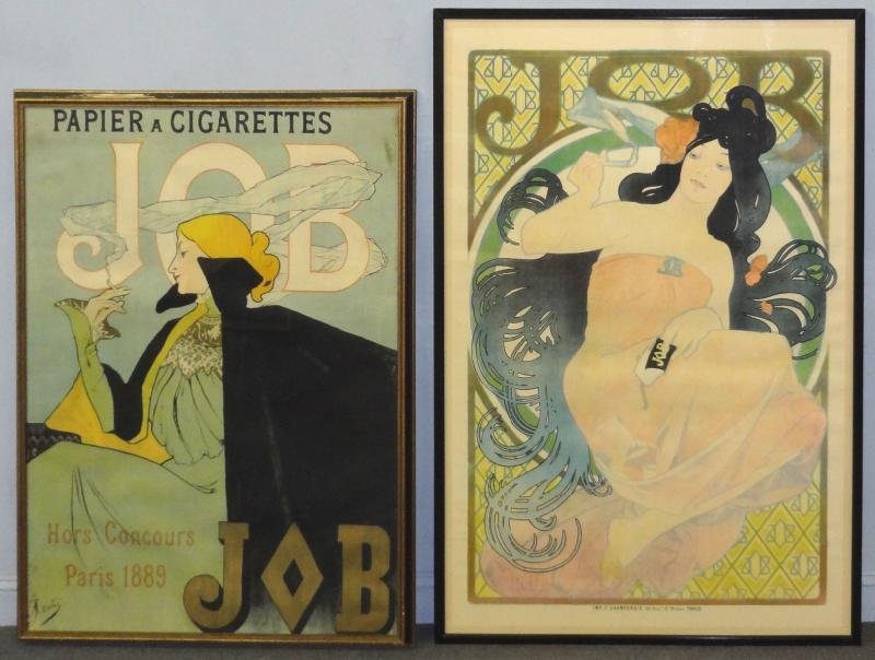 Two French Job Cigarette Lithograph Posters.: Jane Atche, "JOB Papier a Cigarettes" - signed in the stone lower left, sight - 51.5" high x 37.5" wide, condition: as is - appears to be laid down, tears and creasing throughout, toned paper, not exa