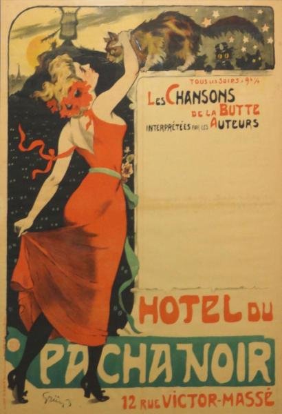 GRUN, Jules Alexandre. French Lithograph Poster: "Les Chausons de la Butte." Signed in the stone lower left. From a Garrison, NY estate. Dimensions: Sight - 47.5" high x 34" wide. Condition: Central vertical and horizontal fold creases running throu