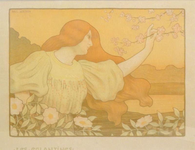 BERTHON, Paul. French Lithograph Poster "Les: Eglantines." Signed in the stone upper left. From a Garrison, NY estate. Dimensions: Sight - 18" high x 23.5" wide. Condition: Small tear in upper left margin, not affecting image. Not examined out of