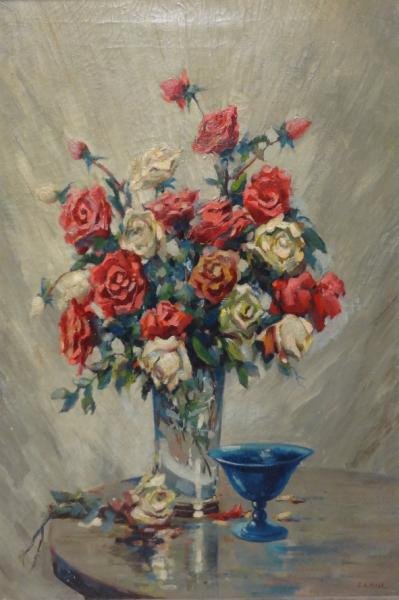 MOSS, Samuel A. Oil on Canvas Still Life with: Roses. Signed lower right. Inscribed on stretcher verso with artist's Webster Ave, New Rochelle, NY address. Samuel A Moss, American - New York, 20th century. From a Bronxville, NY estate. Dimensions: