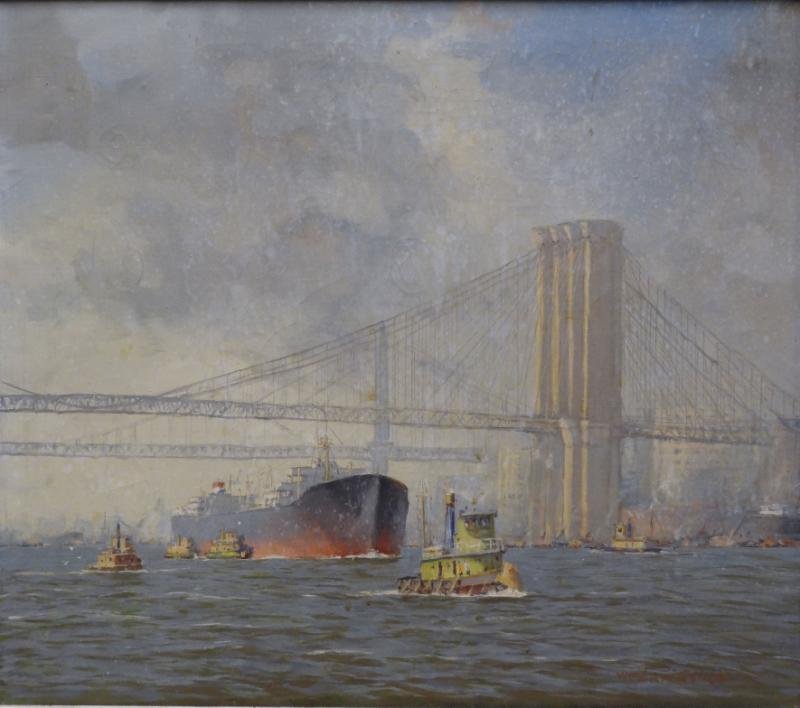 LAWRENCE, William. Oil on Canvas. New York Harbor.: Signed lower right. William Lawrence, American, 20th. C. From an East 57th St. NYC collector. Dimensions: 20" high x 24" wide. Condition: Surface grime and soiling. Area craquelure and pressure marks.