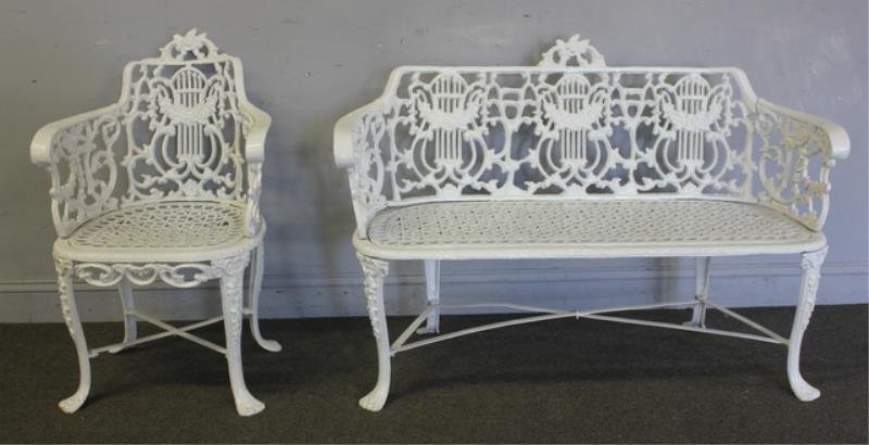 Antique Iron Harps and Roses Bench & Chair.: From a Connecticut Estate. Dimensions: Bench - 47" w x 21"d x 32.5" h, chair - 21" w x 20" d x 33" h. Condition: Missing front skirt to bench.