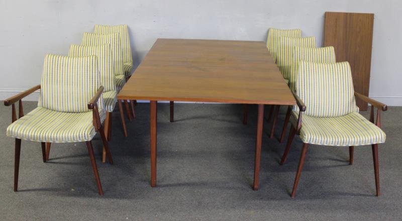 Midcentury Herman Miller Table with Chairs.: Designed by George Nelson for Herman Miller. Labeled. Accompanied by two leaves. From an Eastchester, NY home. Dimensions: 72" x 40.5" wide plus 2 x 20" leaves, side chairs are 19.5" x 20" x 32.5" hig