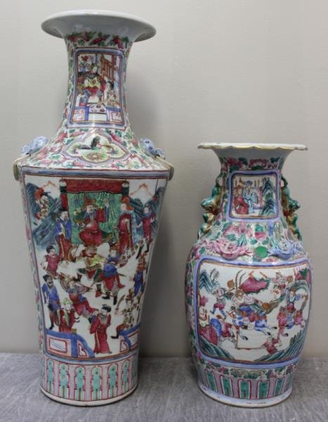 Two Chinese Enamel Decorated Vases.: Each with warrior scenes. Taller vase with fixed foo dog ring handles and the smaller vase with stylized foo dogs and lizards. From a Connecticut estate. Dimensions: taller - 11" width of shoulder x 2