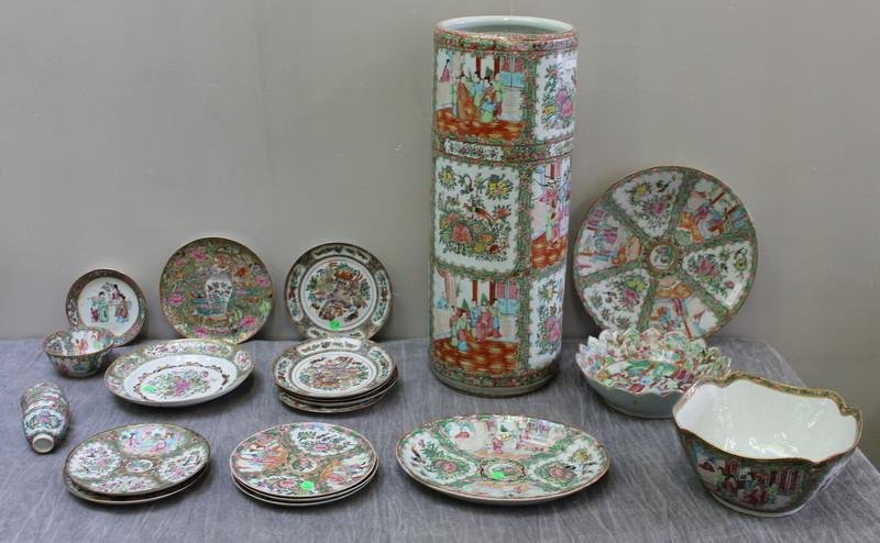 Rose Medallion Lot.: Includes an umbrella stand, a shaped edge low bowl, a square lobed bowl, a circular serving plate, a small platter, a small butterfly plate, a larger butterfly plate, 5 miscellaneous small plates, 5 s