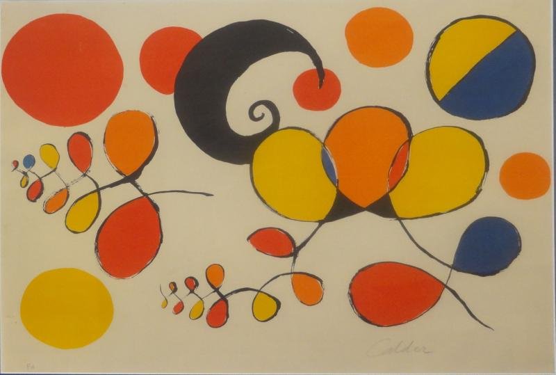 CALDER, Alexander. Color Lithograph.: Pencil signed lower right and pencil inscribed E. A. lower left. From a Long Island, NY estate. Dimensions: Sight - 21.75" high x 29.75" wide. Condition: A few small nicks and scratches, small stain u
