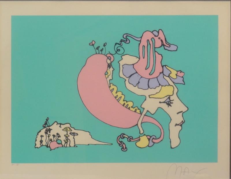 MAX, Peter. Color Lithograph.: Pencil signed lower right and pencil inscribed H.C. 1/5 lower left. From a Long Island, NY estate. Dimensions: Image - 18" high x 25" wide.